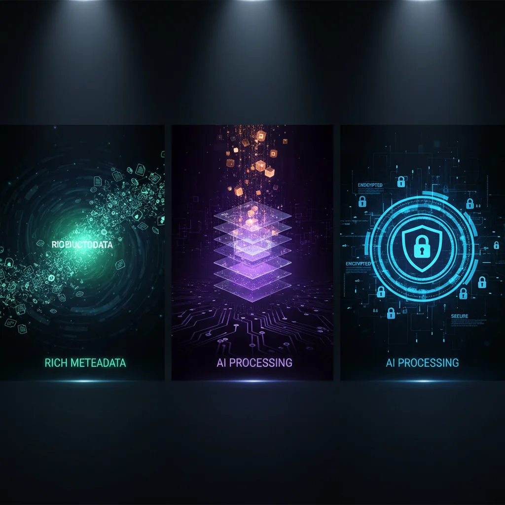 Three-panel visualization showing metadata enrichment, AI processing, and security layers