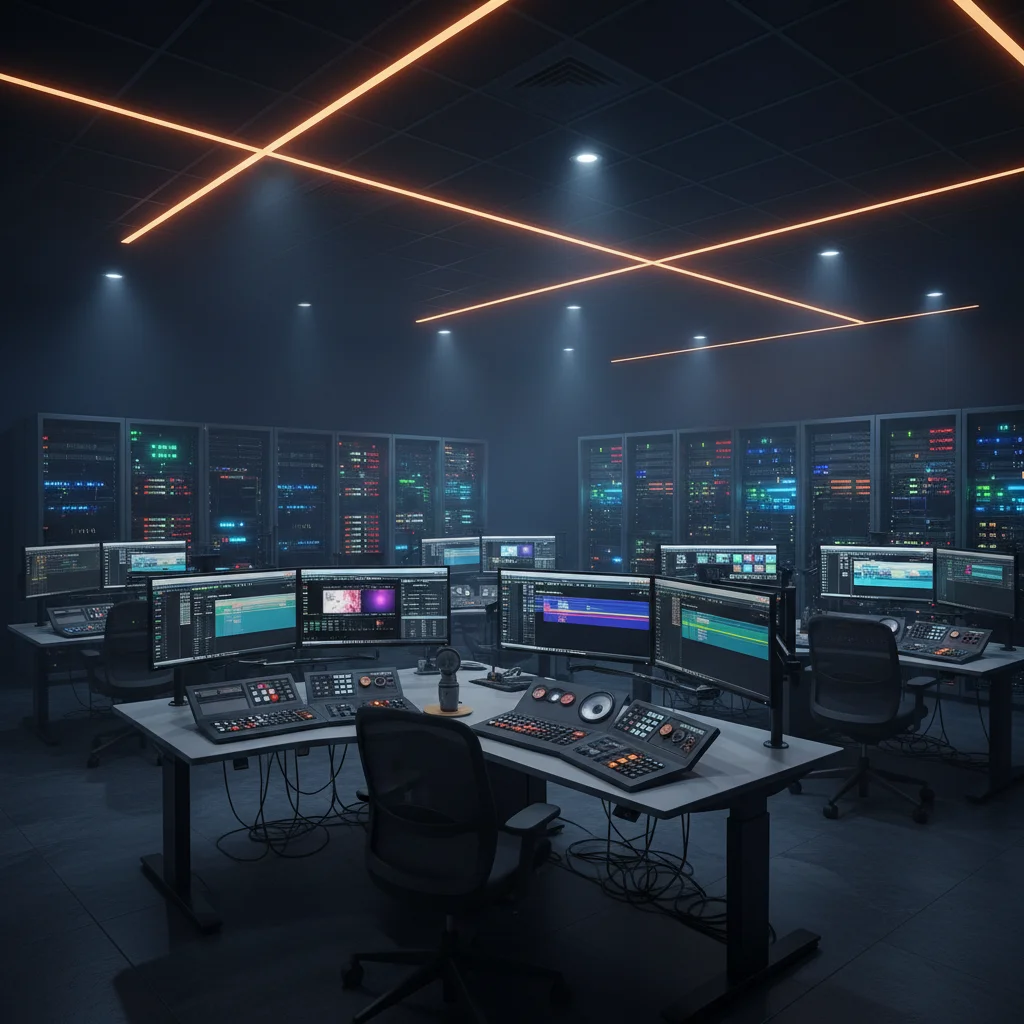 Enterprise media production facility with editing suites and server infrastructure