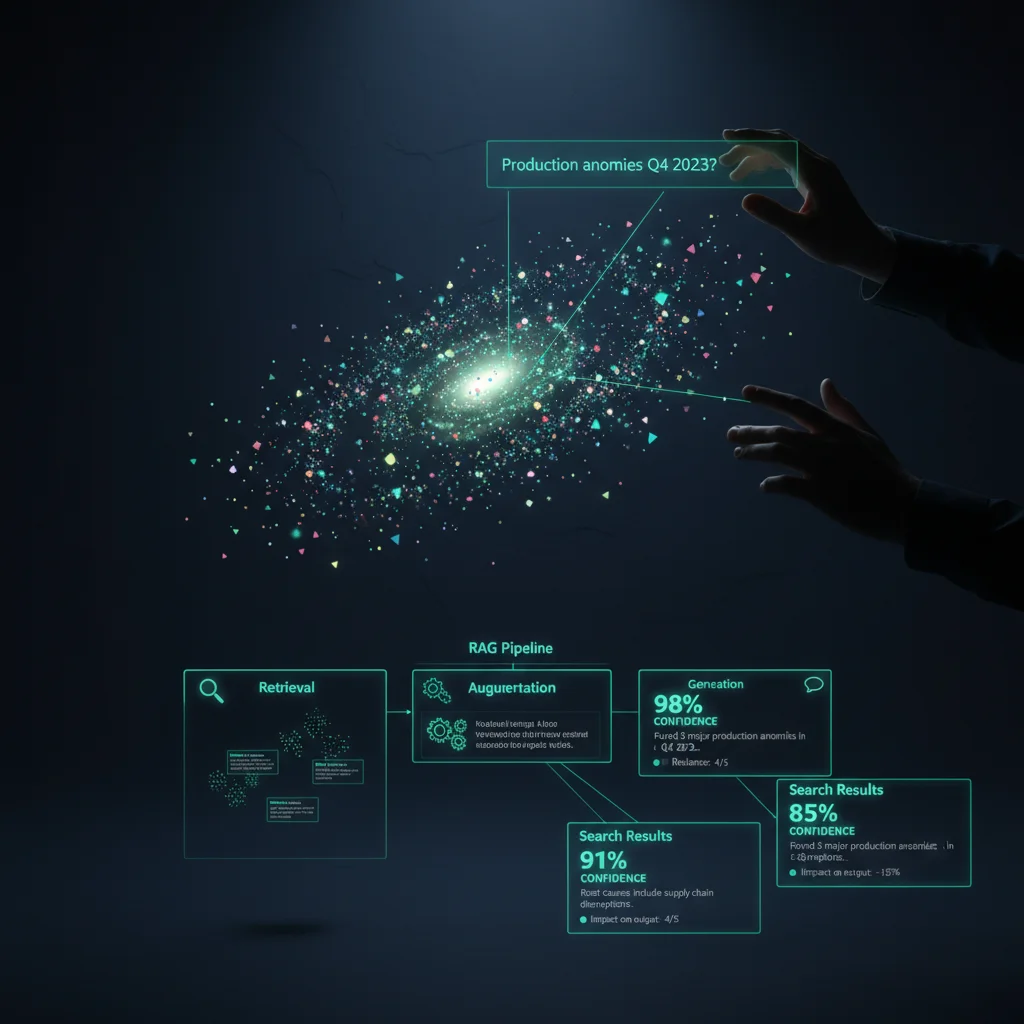 RAG pipeline visualization with vector embeddings and natural language search interface