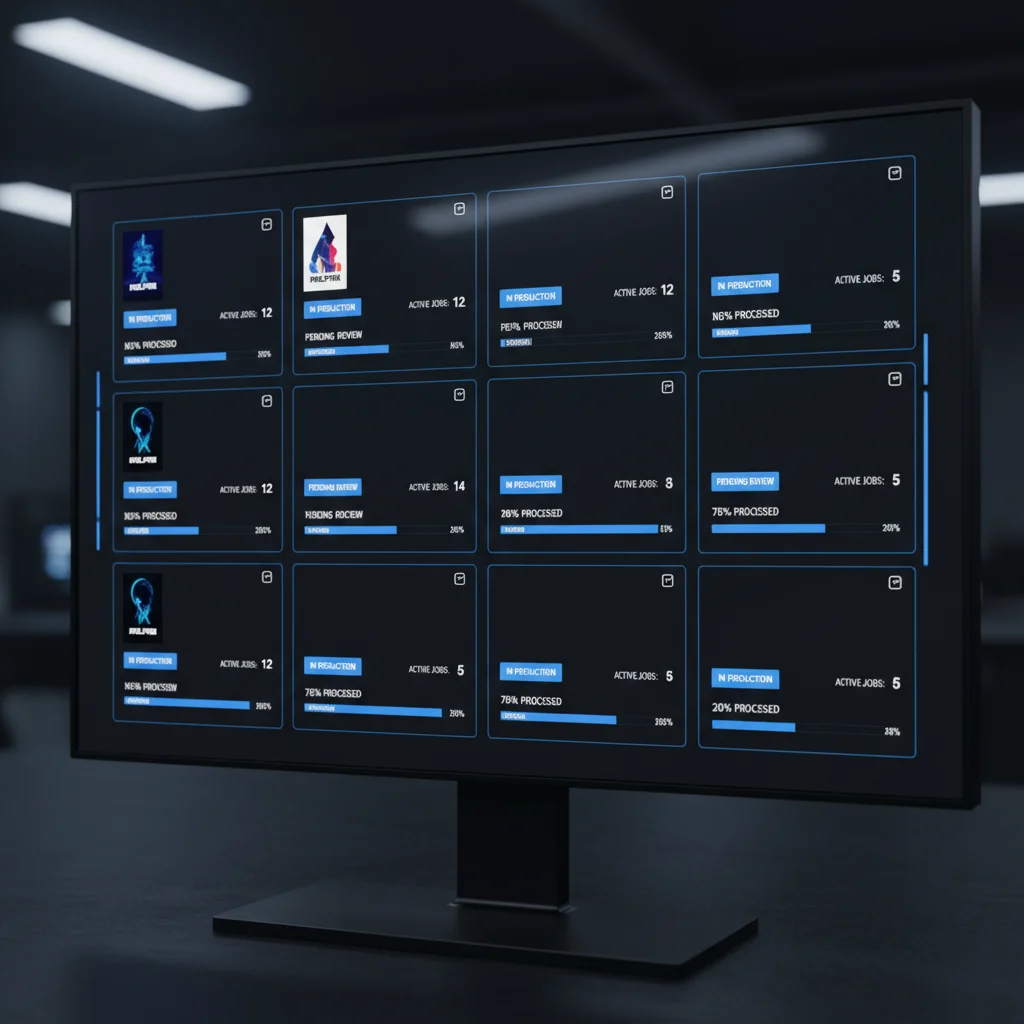 Productions dashboard with card-based management showing poster art, status indicators, and progress bars