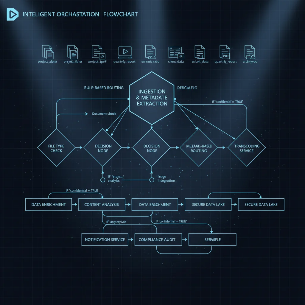 Intelligent orchestration flowchart with decision nodes routing files through conditional logic branches