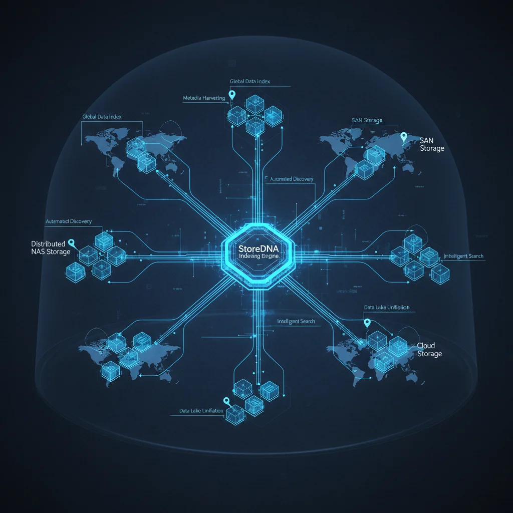 Enterprise storage network diagram showing StoreDNA indexing engine connecting distributed NAS, SAN, and cloud storage nodes
