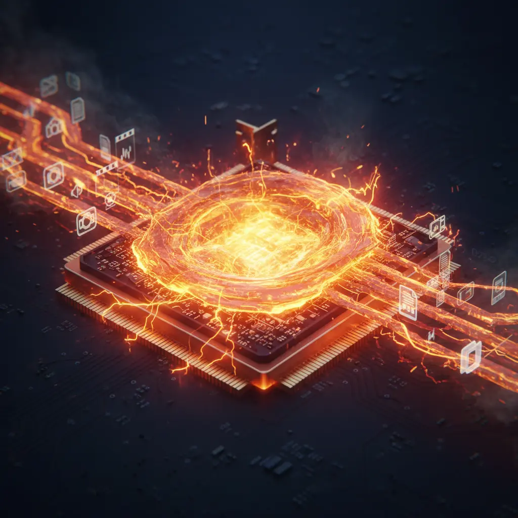 GPU processing core with amber glow