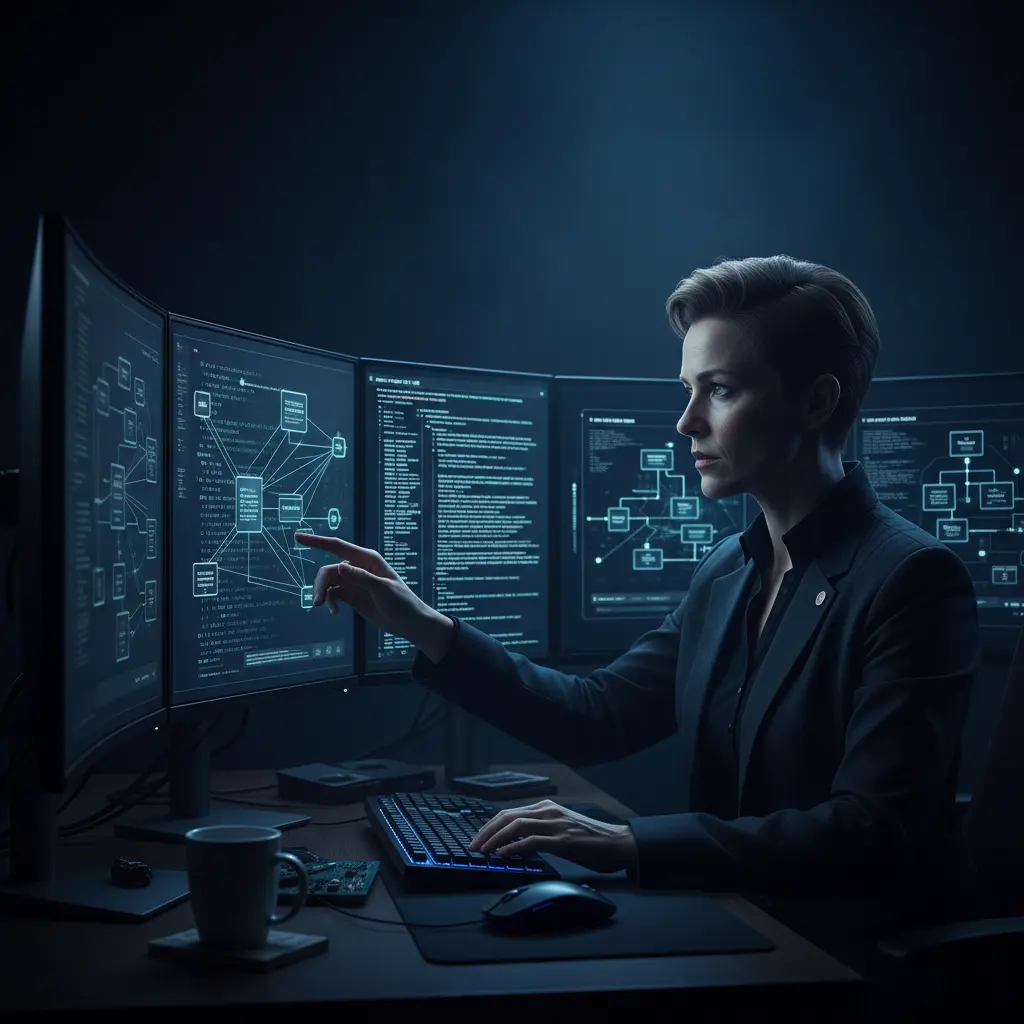 Production technology specialist with multiple monitors