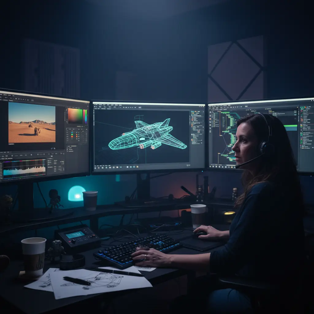 VFX artist at professional workstation with multiple displays