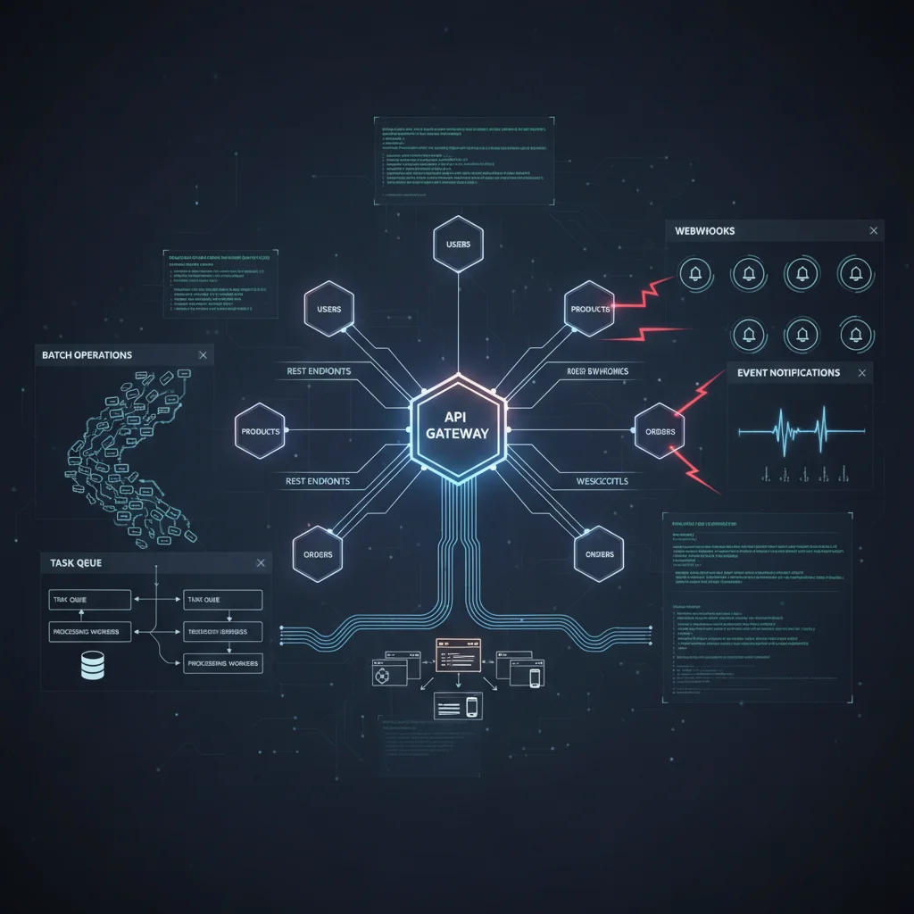 API architecture with REST endpoints, webhooks, and WebSocket connections