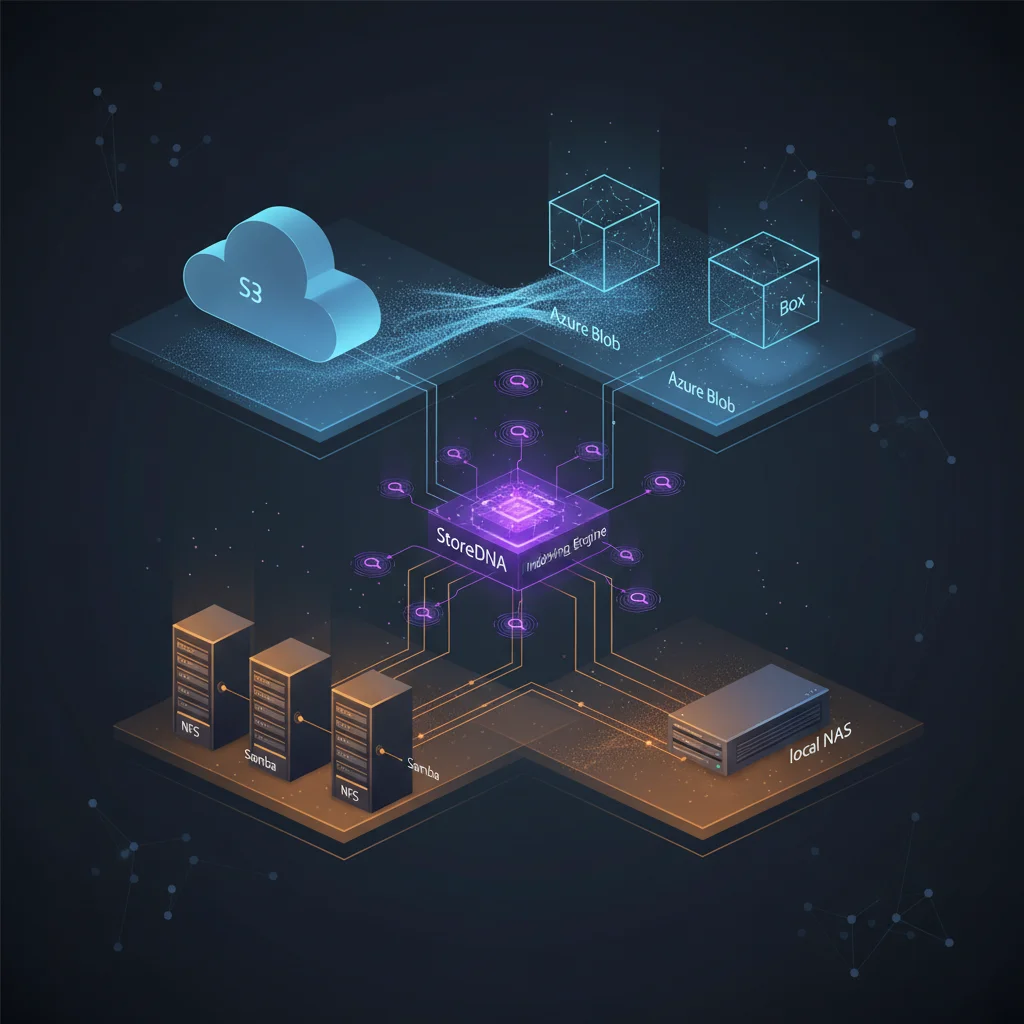 Cloud and on-premises storage tiers connected by StoreDNA indexing