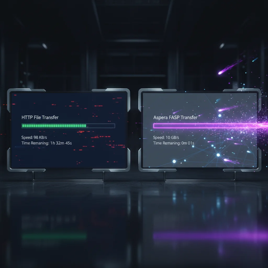 Split-screen comparison of slow TCP transfer versus blazing fast Aspera FASP protocol with violet speed trails