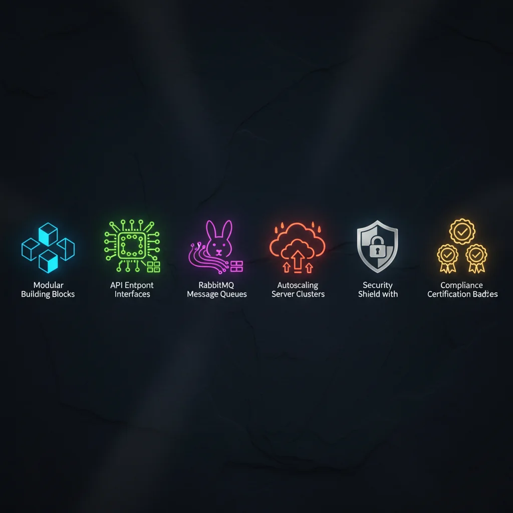 Architecture principle icons showing modularity, APIs, queues, scaling, security, and compliance