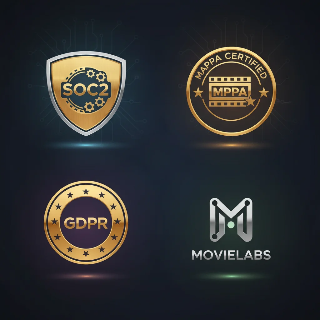 SOC2, MPAA, GDPR, and MovieLabs certification badges