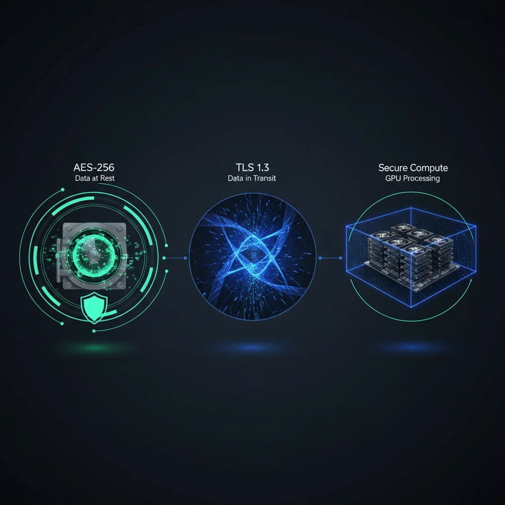 Three-phase encryption visualization covering data at rest, in transit, and during processing