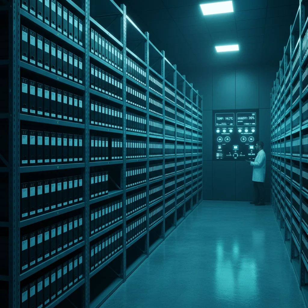 Climate-controlled film archive vault with LTO tape storage