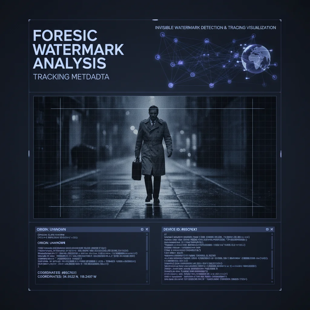Forensic watermark analysis interface with tracking metadata overlay